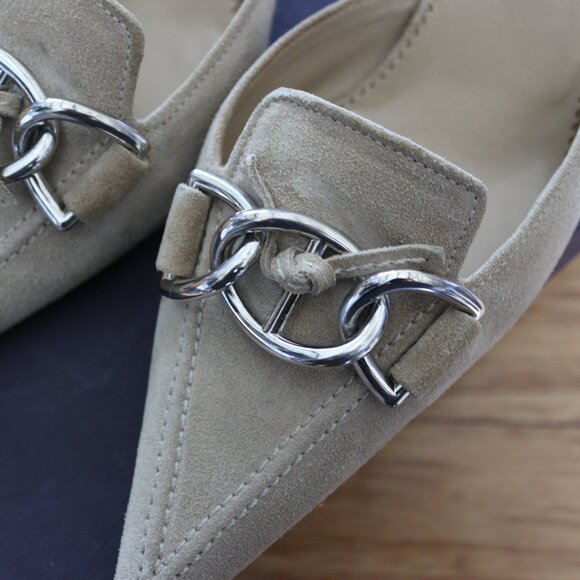 Prada Leather Suede Beige/Tan Silver Buckle Mule Heels Size 40.5 - Picture 3 of 8